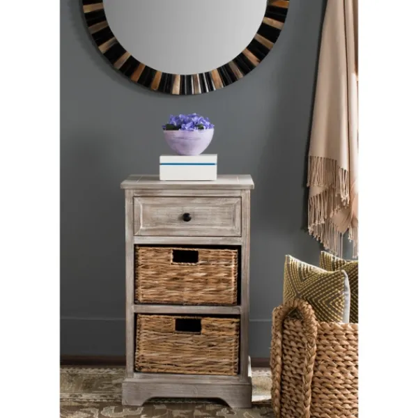 Accent & End Tables-Kirkland's Home Whitewashed Brown Wood Side Table With Baskets White/Brown