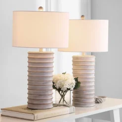 Table Lamps-Kirkland's Home Whitewashed Gray Resin Ridges 2-Pc. Table Lamp Set Ivory
