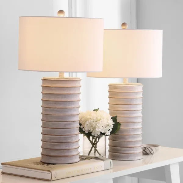 Table Lamps-Kirkland's Home Whitewashed Gray Resin Ridges 2-Pc. Table Lamp Set Ivory