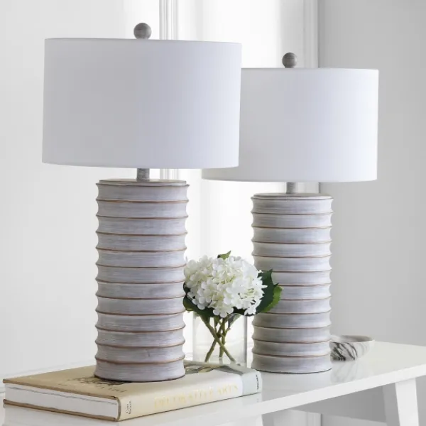 Table Lamps-Kirkland's Home Whitewashed Gray Resin Ridges 2-Pc. Table Lamp Set Ivory