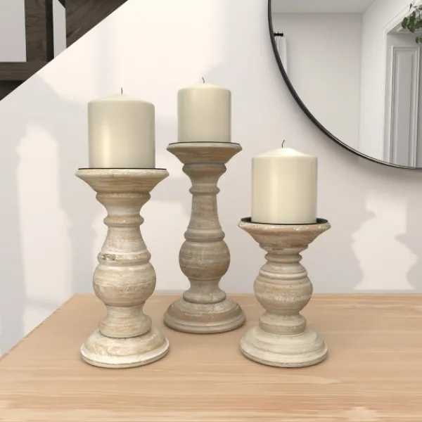 Candle Holders-Kirkland's Home Whitewashed Rustic 3-Pc. Candle Holder Set White/Tan