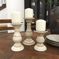 Candle Holders-Kirkland's Home Whitewashed Rustic 3-Pc. Candle Holder Set White/Tan