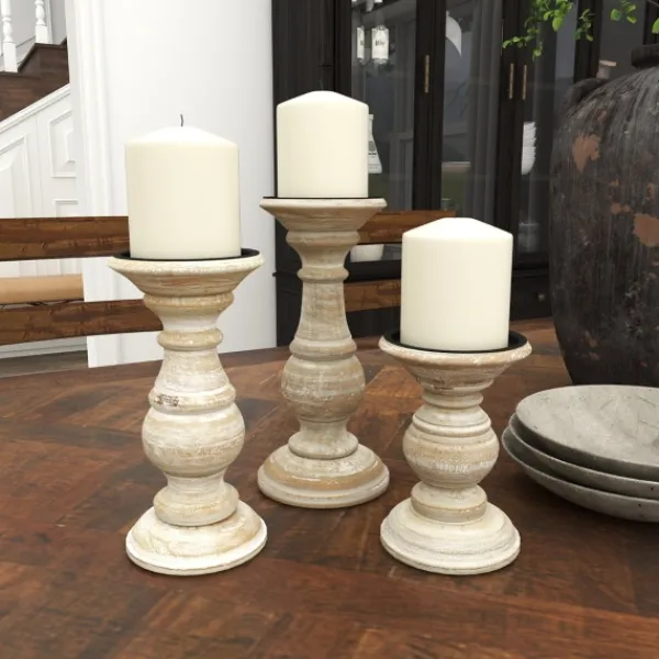 Candle Holders-Kirkland's Home Whitewashed Rustic 3-Pc. Candle Holder Set White/Tan