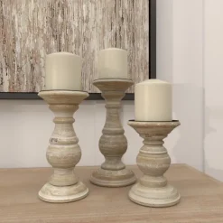 Candle Holders-Kirkland's Home Whitewashed Rustic 3-Pc. Candle Holder Set White/Tan