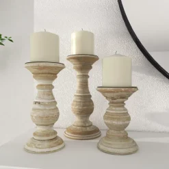 Candle Holders-Kirkland's Home Whitewashed Rustic 3-Pc. Candle Holder Set White/Tan