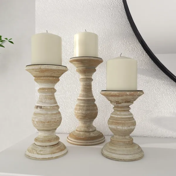 Candle Holders-Kirkland's Home Whitewashed Rustic 3-Pc. Candle Holder Set White/Tan