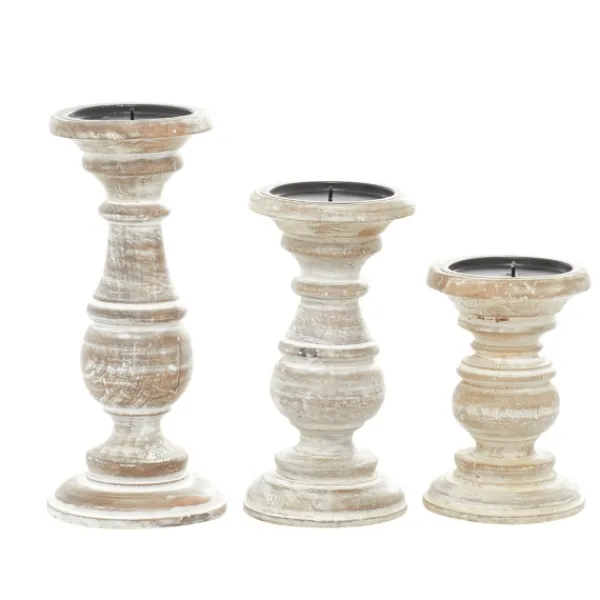 Candle Holders-Kirkland's Home Whitewashed Rustic 3-Pc. Candle Holder Set White/Tan