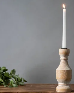Candle Holders-Kirkland's Home Whitewashed Wood Taper Candle Holder, 9 In. Tan/Brown