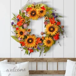 Wreaths-Kirkland's Home Wild Garden Sunflower Mix Wreath Green/Yellow/Orange/Purple