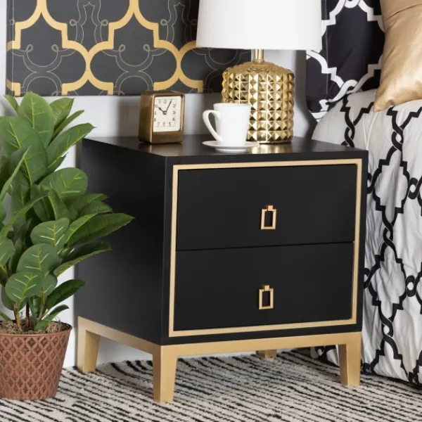 Nightstands-Kirkland's Home Wood & Gold Accent 2-Drawer Nightstand Black