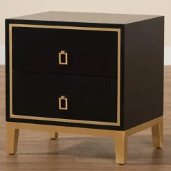 Nightstands-Kirkland's Home Wood & Gold Accent 2-Drawer Nightstand Black