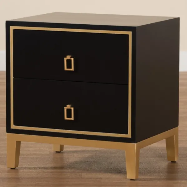 Nightstands-Kirkland's Home Wood & Gold Accent 2-Drawer Nightstand Black
