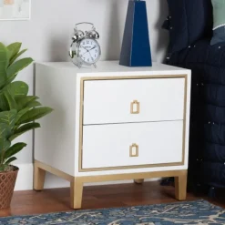 Nightstands-Kirkland's Home Wood & Gold Accent 2-Drawer Nightstand White