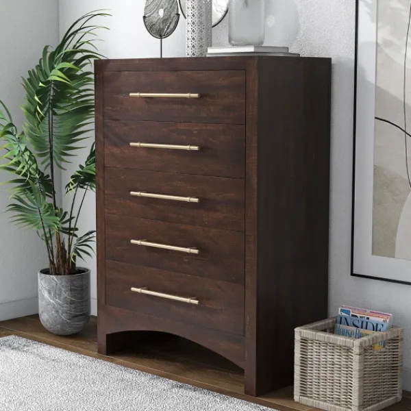 Dressers & Chests-Kirkland's Home Wood & Gold Hardware 5-Drawer Chest Brown