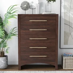 Dressers & Chests-Kirkland's Home Wood & Gold Hardware 5-Drawer Chest Brown