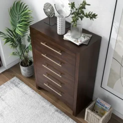 Dressers & Chests-Kirkland's Home Wood & Gold Hardware 5-Drawer Chest Brown