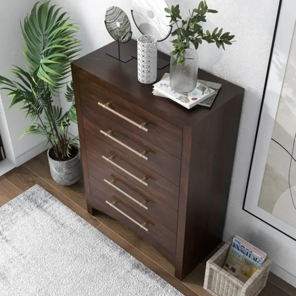 Dressers & Chests-Kirkland's Home Wood & Gold Hardware 5-Drawer Chest Brown
