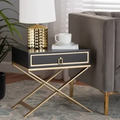 Nightstands-Kirkland's Home Wood & Gold X-Base Nightstand Black