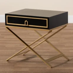 Nightstands-Kirkland's Home Wood & Gold X-Base Nightstand Black