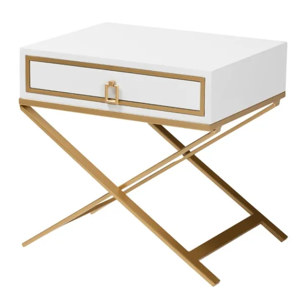 Nightstands-Kirkland's Home Wood & Gold X-Base Nightstand White