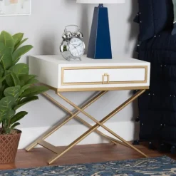Nightstands-Kirkland's Home Wood & Gold X-Base Nightstand White