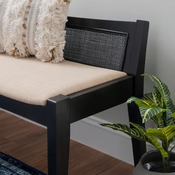 Benches & Ottomans-Kirkland's Home Wood And Cane Upholstered Bench Black