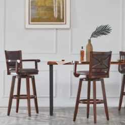 Bar Stools & Counter Height Stools-Kirkland's Home Wood And Faux Leather Swivel Bar Stool Brown