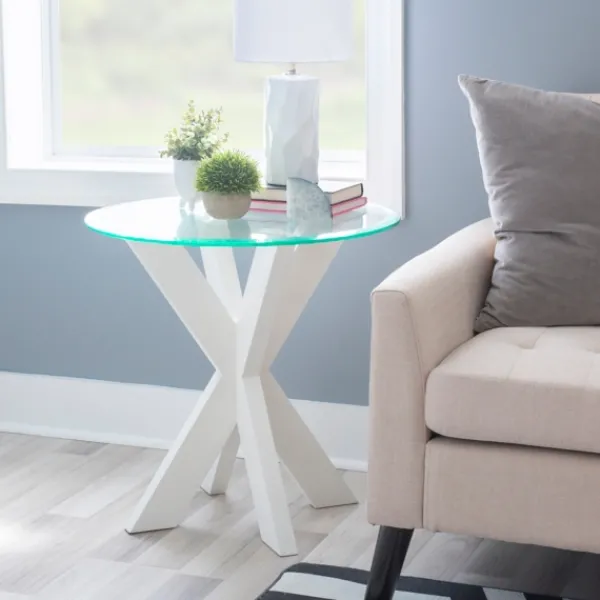 Accent & End Tables-Kirkland's Home Wood And Glass Top X-Base Accent Table White