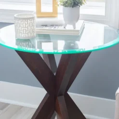 Accent & End Tables-Kirkland's Home Wood And Glass Top X-Base Accent Table Brown