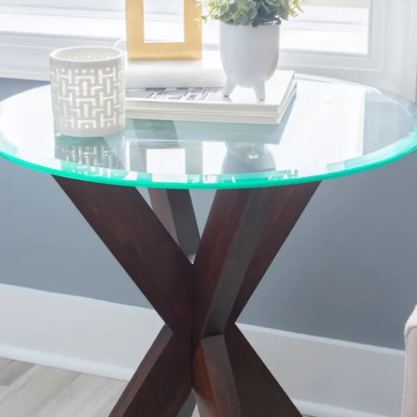 Accent & End Tables-Kirkland's Home Wood And Glass Top X-Base Accent Table Brown