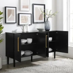 Cabinets & Sideboards-Kirkland's Home Wood And Gold 4-Door Cabinet Black