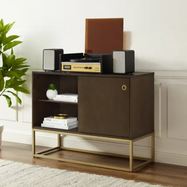 Tv Stands & Media Consoles-Kirkland's Home Wood And Gold Record Storage Media Cabinet Brown