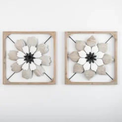 Wall Plaques-Kirkland's Home Wood And Metal Flower I Framed Wall Plaque White/Black/Tan
