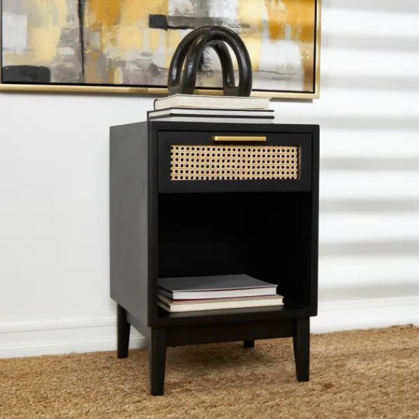 Nightstands-Kirkland's Home Wood And Natural Rattan Drawer Nightstand Black