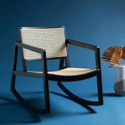 Accent Chairs-Kirkland's Home Wood And Natural Rattan Rocking Chair Black