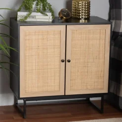 Cabinets & Sideboards-Kirkland's Home Wood And Rattan 2-Door Cabinet Black