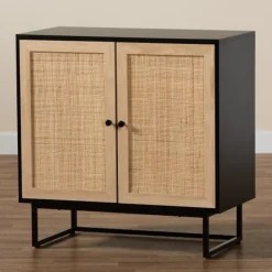Cabinets & Sideboards-Kirkland's Home Wood And Rattan 2-Door Cabinet Black
