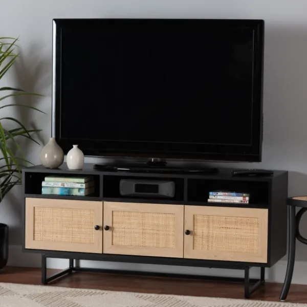 Tv Stands & Media Consoles-Kirkland's Home Wood And Rattan 3-Door Tv Stand Black