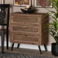 Cabinets & Sideboards-Kirkland's Home Wood And Rattan 3-Drawer Cabinet Brown