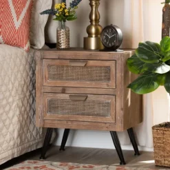 Nightstands-Kirkland's Home Wood And Rattan 2-Drawer Nightstand Brown