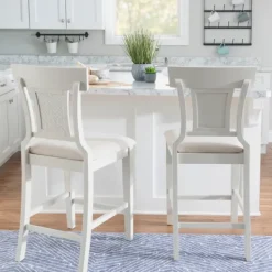 Bar Stools & Counter Height Stools-Kirkland's Home Wood And Rattan Upholstered Counter Stool White