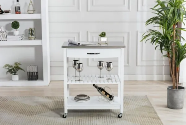 Kitchen Islands & Bar Carts-Kirkland's Home Wood And Stainless Steel Top Kitchen Cart White