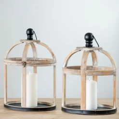 Lanterns-Kirkland's Home Wood Caged Metal Band 2-Pc. Decorative Lantern Set Tan/Black