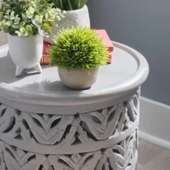 Accent & End Tables-Kirkland's Home Wood Carved Detail Accent Table Gray