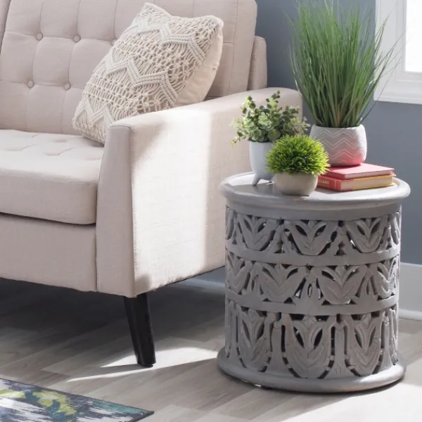 Accent & End Tables-Kirkland's Home Wood Carved Detail Accent Table Gray