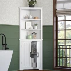 Bathroom Furniture-Kirkland's Home Wood 2-Door Corner Storage Cabinet White