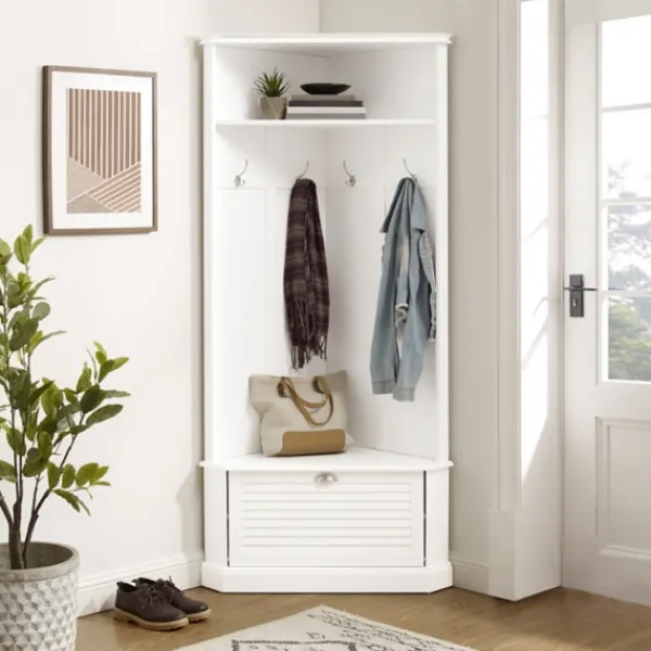 Entryway Furniture-Kirkland's Home Wood Drop Door Corner Hall Tree White