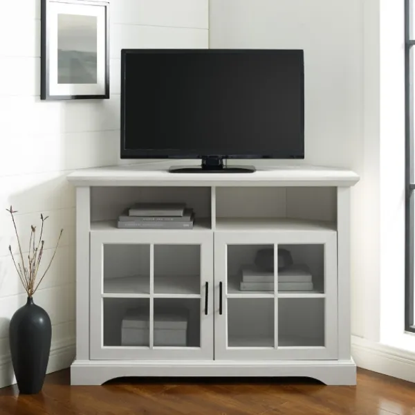 Tv Stands & Media Consoles-Kirkland's Home Wood Glass Pane Door Corner Tv Stand White
