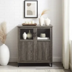 Cabinets & Sideboards-Kirkland's Home Wood Glass Windows Storage Cabinet Gray