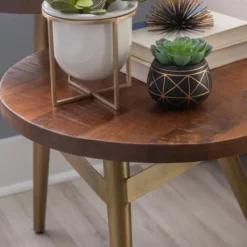 Accent & End Tables-Kirkland's Home Wood Gold Accent Tiered Side Table Brown